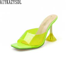 AIYKAZYSDL Women PVC Clear Transparent Sandals Slippers Neon Green Yellow Mules Slides Crystal Square Toe Shoes High Heel Beach 2024 - buy cheap