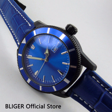 Relógio masculino automático esterilizado com capa pvd, 46mm, mostrador azul, pulseira de couro 2024 - compre barato
