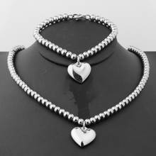 Women's Jewelry Silver Stainless Steel 6mm Beads Ball Handmade Solid Heart Charm Necklace Bracelet Set 2024 - buy cheap
