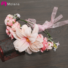 MOLANS Exquisite Peony Flower Wreath Bow Ribbon Floral Crown for Girls Manual Stimulation Leaf Rattan Women Wedding Headpiece 2024 - buy cheap
