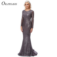 OKAYOASIS 2018 New Women Long Sequin Dress Long Sleeve Sexy V Neck Maxi Bodycon Sequined Dresses Blackless Party Dresses 2024 - buy cheap
