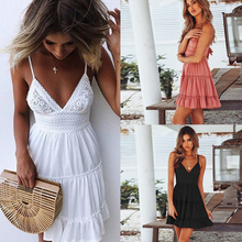 Sexy Party Dress Women Summer Deep V Neck Backless Lace Dresses Fashion Sleeveless Halter Bandage Mini Dress White Woman Dress 2024 - buy cheap