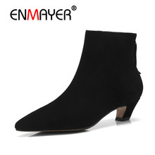 Enmayer Cow Suede Women Ankle Boots Fashion Boots Shoes woman Size 34-43 Causal Med Heels Thin Heels Pointed Toe Zipper CR1081 2024 - compre barato