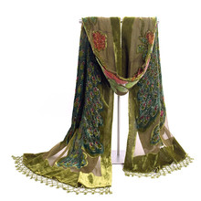 Fashion Green Women's Velvet Silk Beaded Embroidery Shawl Scarf Wrap Scarves Peafowl Mujer Bufanda Chal Size 50 x 190 cm Jsh001D 2024 - buy cheap