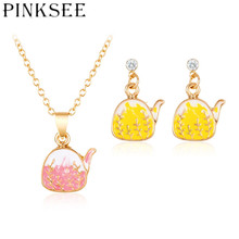 Pinksee New Delicate Teapot Jewelry Set Cute Personality Drip Cartoon Small Kettle Pendant Necklace Earrings for Women 2024 - buy cheap