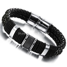 Top Quality Stainless Steel Bracelets Bangles Mens Gift Black Genuine Leather Magnetic Buckle Fashion Men Jewelry Free Shipping 2024 - buy cheap
