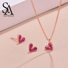 SA SILVERAGE 925 Sterling Silver Heart Jewelry Sets for Woman 925 Silver Rose Gold Color Gemstone Stud Earrings Necklaces Set 2024 - buy cheap