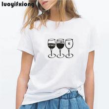 Luoyifxiong camiseta feminina fashion, estampa de goblet, manga curta, gola redonda, camisetas femininas engraçadas, tops vinho, camiseta casual feminina 2024 - compre barato