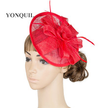 Sinamay Base Fascinator Headwear Church Bridal Feather Accessories Millinery Red Cocktail Hat High Quality Multiple Color MYQ034 2024 - buy cheap