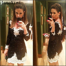 JaneVini Bling расшитый блестками с длинными рукавом коктейльные платья с белые кружевные аппликации черные короткие прямые Коктейльные Вечерние коктель платье 2024 - купить недорого