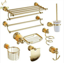 Golden Polished Brass &Jade Bathroom accessories Bath Hardware Set Towel Rack Towel Bar Paper Holder Soap Dish 2024 - buy cheap