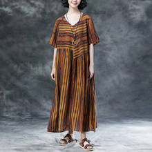 BUYKUD Vintage Women Maxi Dress V-Neck Short sleeve Stripe Linen Dress Casual Pocket 2018 Summer Short Sleeve Pleated Long Dress 2024 - buy cheap