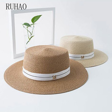 Ruhao chapéu de palha trançado, chapéu feminino de verão com letras m, de aba larga, proteção solar, praia, britânica 2024 - compre barato