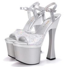 2016 summer sexy 18cm high heels peep toe catwalk models pumps thick platform buckle rhinestone PU sandals women wedding shoes 2024 - buy cheap
