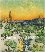 100% pintura a óleo artesanal reprodução em tela de linho, paisagem com lua crescente e caminhada de casal, vincent van gogh, 2024 - compre barato