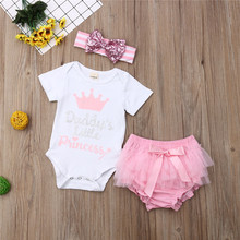 Newborn Baby Girls free shipping clothes bow striped Headband Tulle Bandage shorts round neck letter print Bodysuit 3pc Outfit 2024 - buy cheap