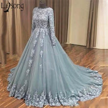 Elegant Gray Blue Long Sleeves Evening Dress Women Event Occasion Formal Gowns Custom Lace Tulle Prom Dress Vestidos de Festa 2024 - buy cheap