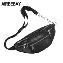 AIREEBAY Fashion Women Waist Bag Casual Black Pu Leather Chain Shoulder Bags Zipper Chest Bags Travel Pouch Fanny Packs 2024 - buy cheap