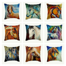 Decorative linen cushion throw pillow case horse oil painting animal print pillowcase car sofa chair decor cushion cover 45x45 2024 - buy cheap