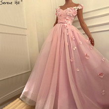 Pink Off Shoulder Beach Sexy Evening Dresses Pearls Handmade Flowers Tulle Evening Gowns 2021 Serene Hill LA60815 2024 - buy cheap