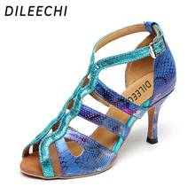 DILEECHI women's Latin dance shoes Blue snake PU female adult summer square dance shoes sandals  high heel 85mm 2024 - buy cheap