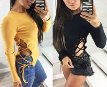 Fashion Women Summer Long Sleeve T-Shirts Casual Lace up Tees Club Loose Cotton Bodycon Tops Sexy Clothes New Streetwear 2024 - buy cheap