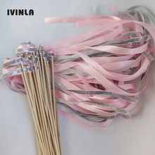 Newest 50Pieces/Lot sliver glitter + pink stain ribbon wands wedding stick wedding confetti for wedding party decoration 2024 - buy cheap