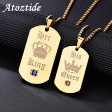 Atoztide Romantic Her King His Queen Army Dog Tag Pendant Necklaces For Couples Customize Back Crown Gold Box Chain Necklace 2024 - buy cheap