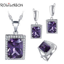 ROLILASON Engagement gift For girl purple Zircon Square Design   Stamped Earrings Necklace Rings Jewelry Sets JS751 2024 - buy cheap