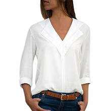 White Blouse Long Sleeve Chiffon Blouse Double V-neck Women Tops and Blouses Solid Office Shirt Lady Blouse Shirt South Korea 2024 - buy cheap