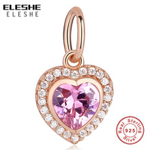 ELESHE 100% 925 Sterling Silver Crystal CZ Bead Rose Gold Heart Dangle Charm Fit Original Bracelets DIY Jewelry Accessories 2024 - buy cheap