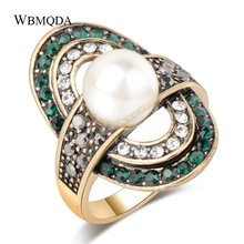 Wbmqda Vintage Pearl Ring For Women Antique Gold Green Crystal Wedding Party Female Turkish Jewelry 2019 New 2024 - buy cheap