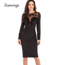 Ziamonga 2019 Spring Women Dress Long Sleeve Hollow Out Mesh Patchwork Lace Bodycon Dress Sexy Slim Club Party Bandage Dresses 2024 - buy cheap
