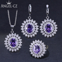 ANGELCZ-conjunto de joyas de circonia cúbica con diseño Floral, pendientes, collar, anillo, Color plata, africano, púrpura, AJ121 2024 - compra barato