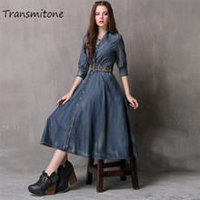 Women Dress 2019 Vintage Spring Denim Embroidery Woman Dresses V-Neck Half Sleeve A-line Swing Hem Belted Vestidos 2024 - buy cheap