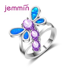 Cute Dragonfly Shape Women Girls Jewelry Gift Purple Crystal Body Blue Fire Opal Wing Best Match 925 Sterling Silver Ring 2024 - buy cheap