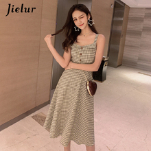 Jielur-Vestido A cuadros de estilo coreano para Mujer, traje Sexy ajustado con tirantes finos, cintura alta, botones, S-XL, 2021 2024 - compra barato