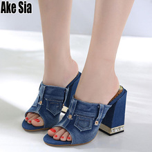 Women Sandals Denim Peep Toe Thick Chunky High Heels Women Classical Peep Toe Pearly  Platform Slippers Sides Casual Shoes A712 2024 - buy cheap
