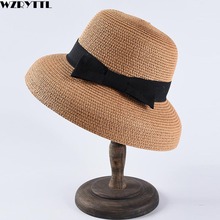 Chapéu de palha empacotável feminino, chapéu de sol fofo, de palha, chapéu de praia, aba larga, derby, coqueteleira, chapéu de viagem, 54-59cm 2024 - compre barato
