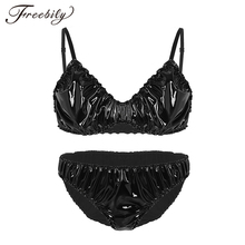 Fashion Men Sissy Faux Leather Ruffled Lingerie Set Adjustable Spaghetti Straps Bra Top with Briefs Underwear Gay Sexy Panties 2024 - buy cheap