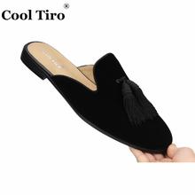 Cool Tiro Black Velvet Mules Tassel Men Slippers Smoking Slip-On Flats Velour Handmade Shoes Casual Genuine Leather fashion 2024 - buy cheap