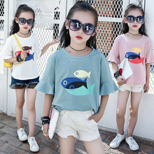 Ropa para niñas pequeñas, Camiseta de algodón con dibujos animados de 3 peces, tops de verano, camisetas de manga corta para niños de 3, 6, 8, 10 y 11 años, 2021 2024 - compra barato
