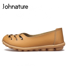 Johnature 2021 New Summer Genuine Leather Round Toe Shallow Hollow Breathable Soft Sole Comfortable Slip-on Women Shoes Pumps 2024 - buy cheap