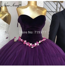 Vestidos de Noche Puffy púrpura, vestidos de baile con flores hechas a mano, vestidos de fiesta de terciopelo suave, caftán árabe, vestido Formal de Dubai 2024 - compra barato