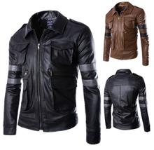 Мотоциклетная кожаная куртка, Мужская цветная полосатая приталенная короткая одежда с несколькими карманами, мужские кожаные куртки, байкерские куртки 2024 - купить недорого