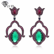 LXOEN Luxury Vintage Flower Drop Earrings With Silver Color Green Oval Zircon Long Earings For Women Jewelry Gift Brinco 2024 - buy cheap