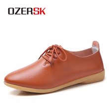 OZERSK-mocasines clásicos de piel auténtica para mujer, zapatos planos de tacón bajo con cordones, talla grande 34-44 2024 - compra barato