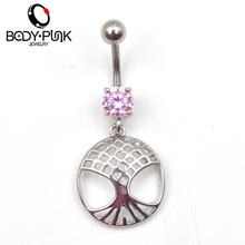 Piercing de umbigo cirúrgico de aço 316l, piercing de árvore, umbigo, cristal rosa, strass, anel de umbigo, joias corporais de moda 2024 - compre barato