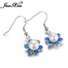 Cute Female Flower Drop Earrings Boho Blue Fire Opal Earrings For Women Bride Silver Color Long Dangle Earrings 2024 - buy cheap