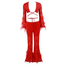 Sexy Mesh Patchwork Feather Top & Flare Pants Set 2018 Women Red Long Sleeve Party 2 Piece Sets Bandage Pants 2024 - buy cheap